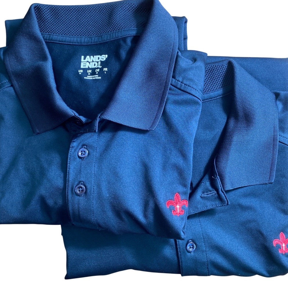 Lands End Mens Navy Blue Performance‎ Polo Shirt Fleur De Lis Cross Size M Lot 2